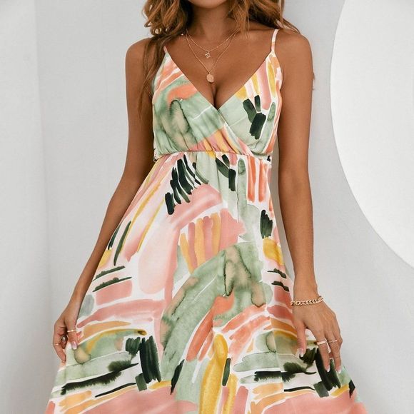 New Brush Print Overlap Collar Ruffle Hem Cami Dress Multicolor 226 - Picture 8 of 8